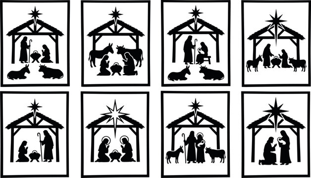 Christmas nativity scene silhouettes with manger stable and holy family vector illustration set design