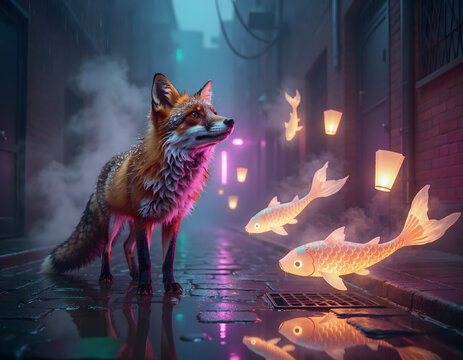 Surreal fantasy red fox standing in a misty cyberpunk alleyway with glowing koi fish floating in the air. Magical urban scene with neon lights and paper lanterns. Ethereal fox and spirit fish in