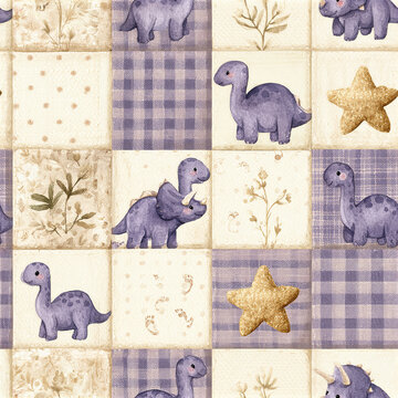 Cozy dinosaur patchwork seamless pattern with cute purple dinosaurs, starfish, and floral elements soft beige and lavender