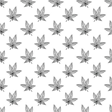 Seamless pattern with hand drawn cannabis leaf Medicine marijuana Hemp leaves For decorative print, wrapping paper, fabric, packaging, background