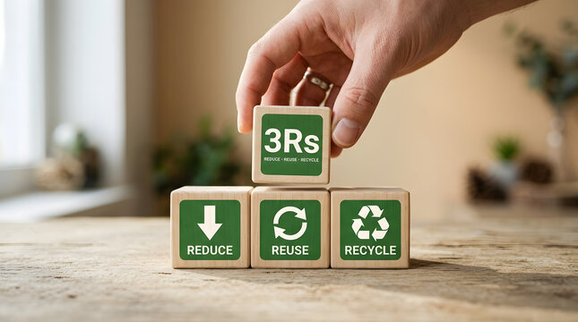 Hand placing 3rs block on reduce reuse recycle wooden blocks