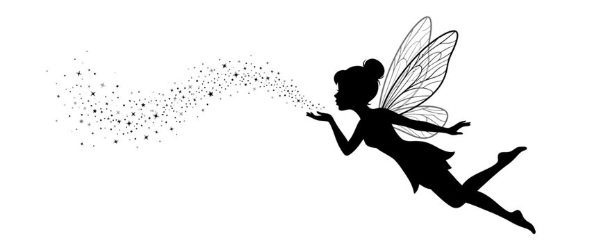Fairy silhouette blowing magic dust sparkles on white background, fantasy vector illustration