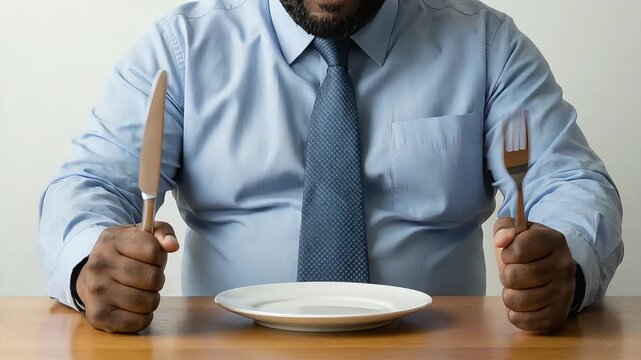 A man waits for his meal, knife and fork in front of an empty plate.