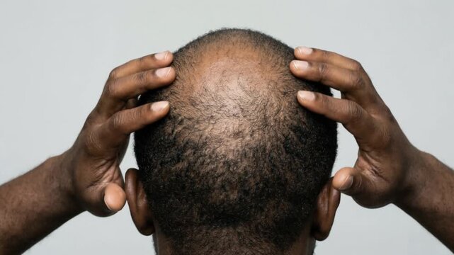 A man touches the top of his head, worried about his thinning hair.