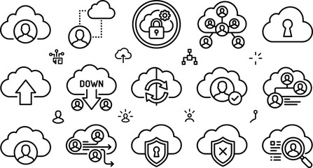 Obraz premium Cloud user management and network access security line icon set featuring profile avatars upload download arrows shields locks