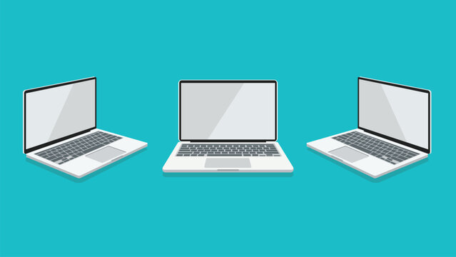 Three modern laptop computers displayed from different angles on a solid teal background