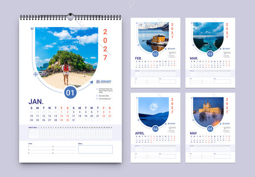 Modern 2027 Wall Calendar Design Template with Habit Tracker and Travel Theme