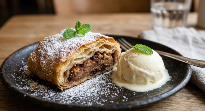 Delicious homemade apple strudel served with a scoop of vanilla ice cream, dusted with powdered sugar and garnished with fresh mint leaves on a rustic dark plate and wooden table surface.