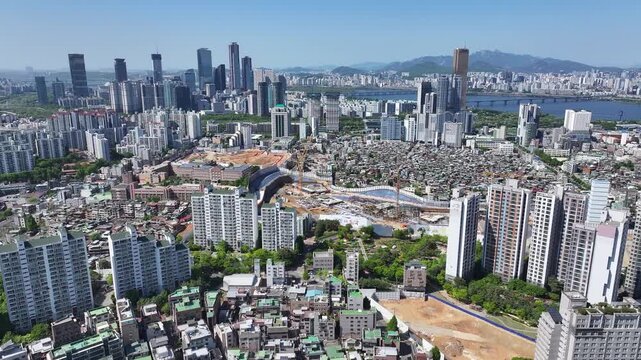 South Korea Seoul Dongjak-gu Noryangjin New Town Yeouido Apartment Construction Site Drone Footage.