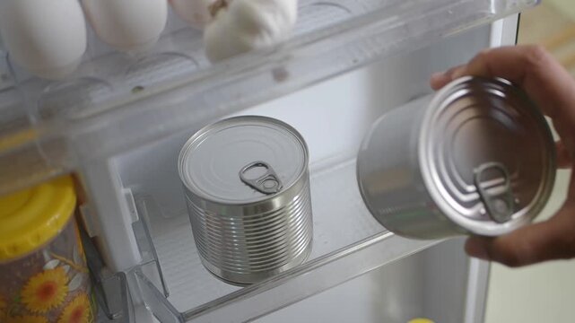 Cans of food stored in a refrigerator with eggs and garlic