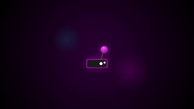 A vibrant neon illustration of a stylized arcade controller with a glowing pink joystick and white buttons set against a deep purple background with soft bokeh effects.