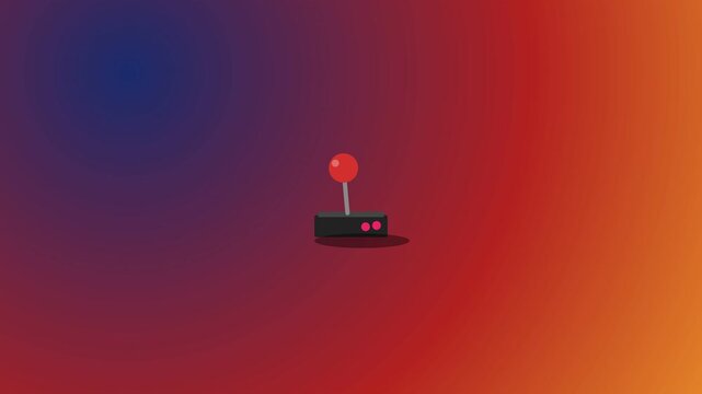 Minimalist vector illustration of a vintage gaming controller featuring a red ball-top joystick and buttons against a blue and orange gradient. Ideal for retro tech and gaming industry concepts.