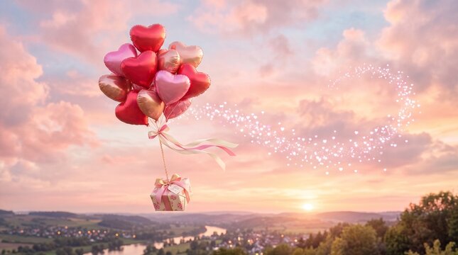Heart shaped balloons carrying a gift box flying in the sunset sky with magic sparkles over a scenic river valley