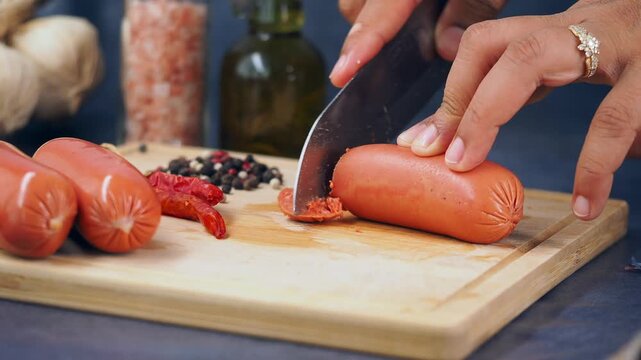 Cutting sausages on a wooden board with spices and garlic in the background