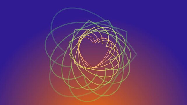 An abstract digital heart created with thin glowing neon lines in green and yellow hues, featuring a motion blur or echo effect against a smooth purple and orange gradient.