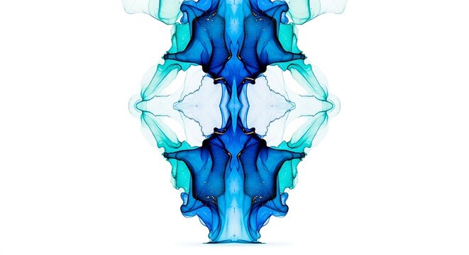 Ink abstract pattern featuring vibrant blue and cyan fluid shapes creating a symmetrical Rorschach inkblot design.