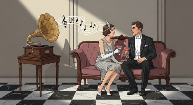 A stylish 1920s couple sits on a sofa, listening to music from a vintage gramophone in a well-appointed room.