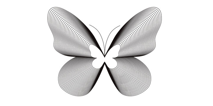 Minimalist butterfly line art illustration, abstract geometric insect silhouette, black and white moire effect butterfly on white background