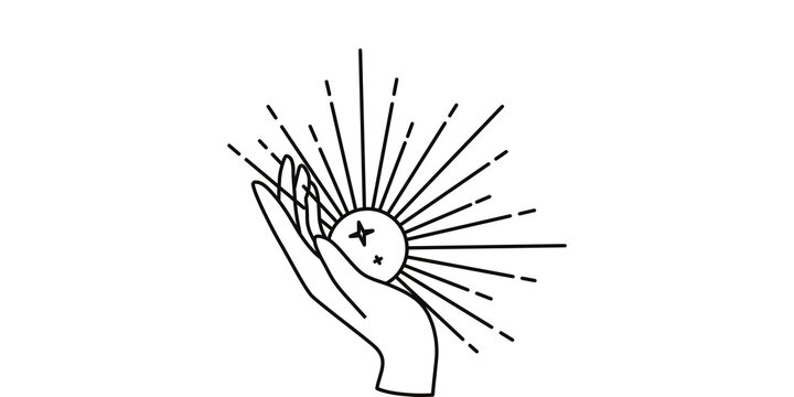 Mystical celestial hand holding glowing sun, minimalist line art occult illustration, spiritual magic symbol with sunburst and stars