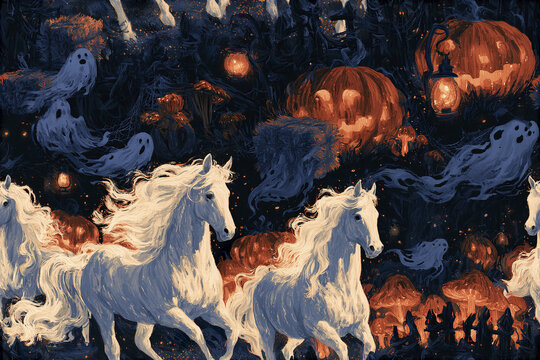 Cute cartoon horses exploring haunted pumpkin farm with glowing lanterns and floating ghosts creating spooky magical night