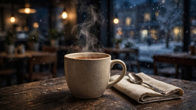 Steaming ceramic mug on rustic table