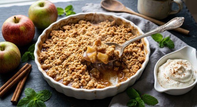 Freshly baked apple crumble dessert with golden topping served in a white ceramic dish, featuring fresh cream, cinnamon sticks, and mint leaves on a dark rustic slate background.
