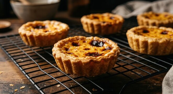Freshly baked Portuguese egg tarts with caramelized custard and flaky golden crust on a black wire cooling rack over a rustic wooden table in moody kitchen lighting.