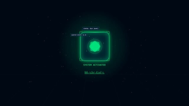 Futuristic holographic checkbox activation animation with a glowing cube, expanding rings, floating particles, frequency spectrum bars, and data chips on a starfield grid plane.