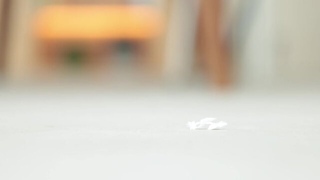 Blurred white table surface with a small object in the foreground
