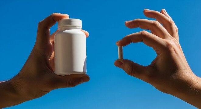 Close up hands holding a white medicine bottle and a single pill capsule against a clear blue sky for health and wellness concept