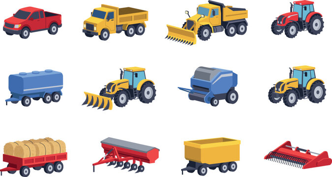 Vector set of modern agricultural machinery icons featuring tractors harvest trailers seeders hay balers and farm utility trucks,