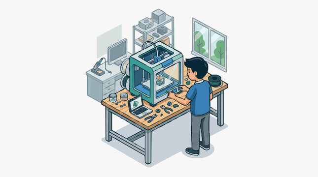 Professional 3D Printing Workstation Engineer Using Large Scale Printer with Tools Laptop and Computer Monitors in Modern Lab