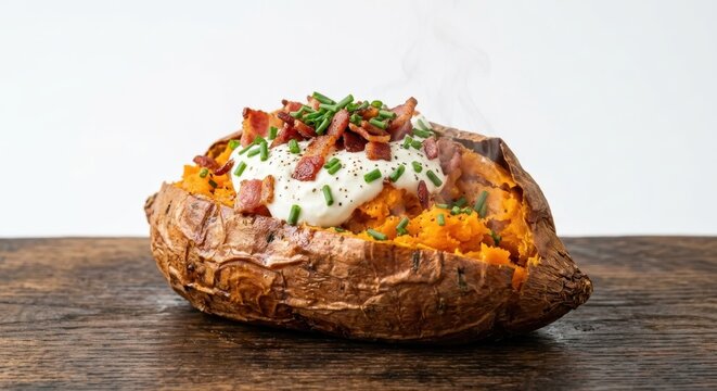 Steaming hot baked sweet potato loaded with creamy sour cream, crispy bacon bits, and fresh chives served on a rustic wooden surface against a clean white background.