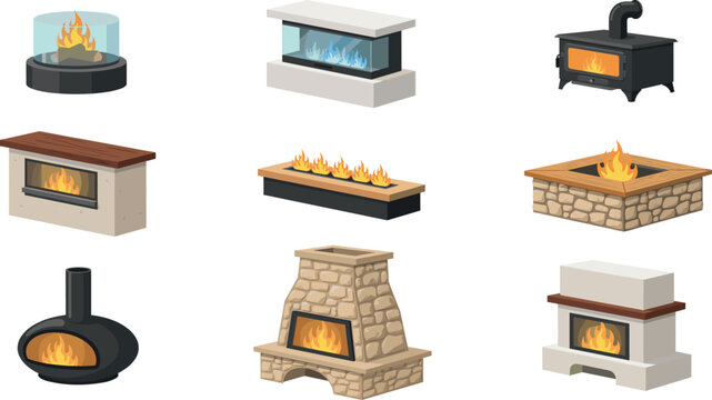 Vector set of modern fireplaces and outdoor fire pits collection including stone brick metal and bioethanol hearth models,