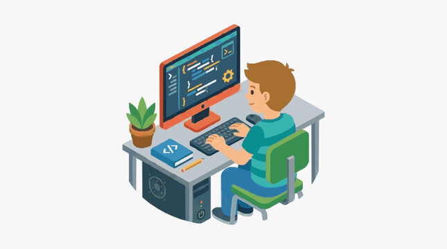 Professional Cartoon of a Developer Coding at a Workstation with Computer Keyboard and Programming Books