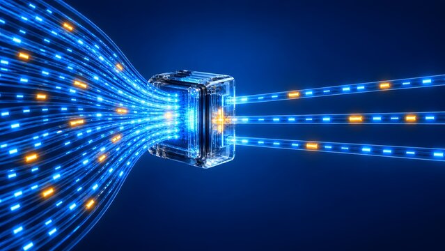 High speed fiber optic cables transmitting glowing data packets through central network routing switch