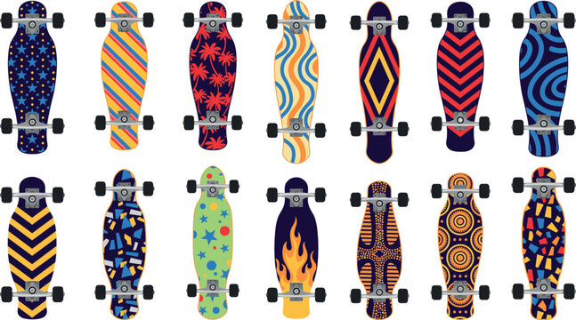 Vector set of modern longboard skateboards with colorful graphic deck designs isolated on white background for street sports,