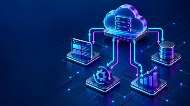 Isometric cloud computing architecture showing synchronized data transfer between servers web interface and database