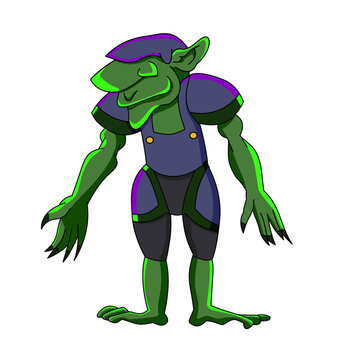 Funny Cartoon Troll in Overalls with Pointed Ears and Claws, Fantasy Mascot Clipart
