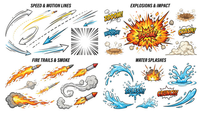Collection of comic book style graphic elements including speed lines explosions fire trails and water splashes.