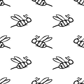 Seamless pattern with hand drawn happy funny cute honey bee Adorable flying striped insect friendly kawaii bumble bee For kids print, wrapping paper, packaging, fabric