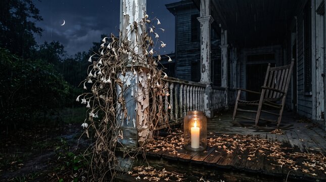 Decayed Antebellum Porch with Peeling Paint, Moonflower Vine, and Single Candle in Rain
