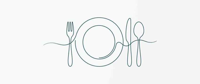 Minimalist continuous line drawing of plate fork knife and spoon on white background
