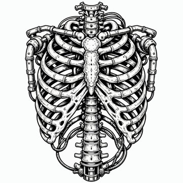 An intricately detailed illustration of a human rib cage and sternum, rendered in a stark black and white style.
