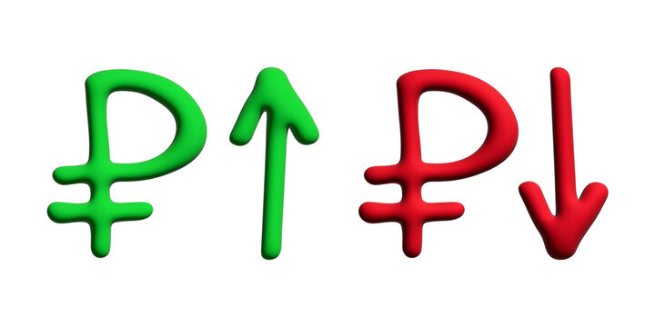 3d russian ruble currency symbol Growth and fall profit with arrow up and down Element for design