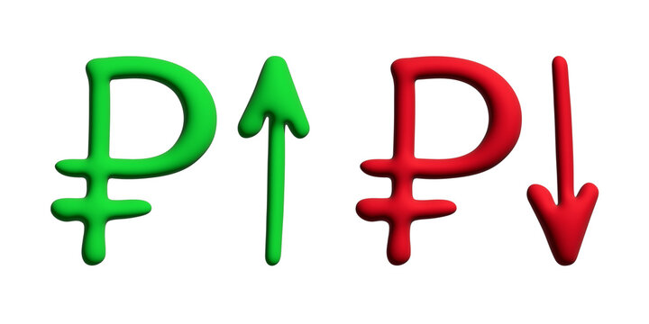 3d russian ruble currency symbol Growth and fall profit with arrow up and down Element for design