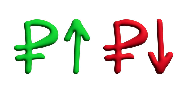 3d russian ruble currency symbol Growth and fall profit with arrow up and down Element for design