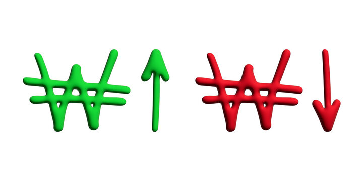 3d won currency symbol Growth and fall profit with arrow up and down Element for design