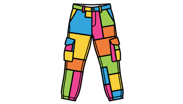 Trendy multi colored patchwork style cargo pants with pockets vector graphic illustration on white background.