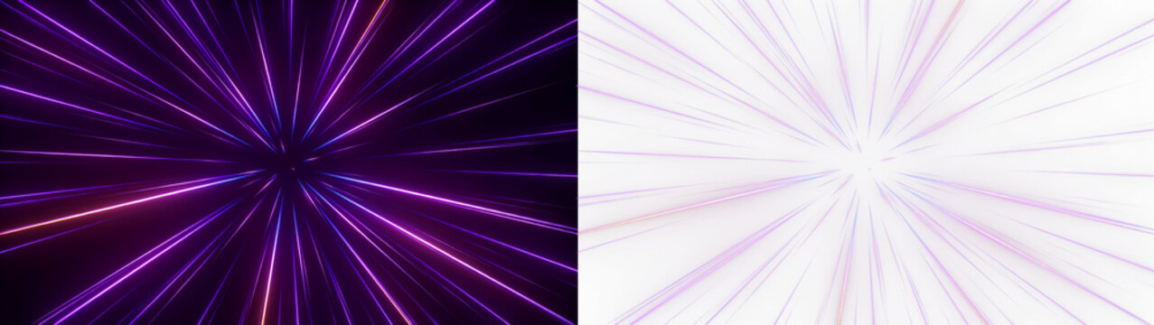 Abstract glowing purple light speed travel warp lines in space, futuristic warp speed hyperjump motion effect, isolated on transparent background